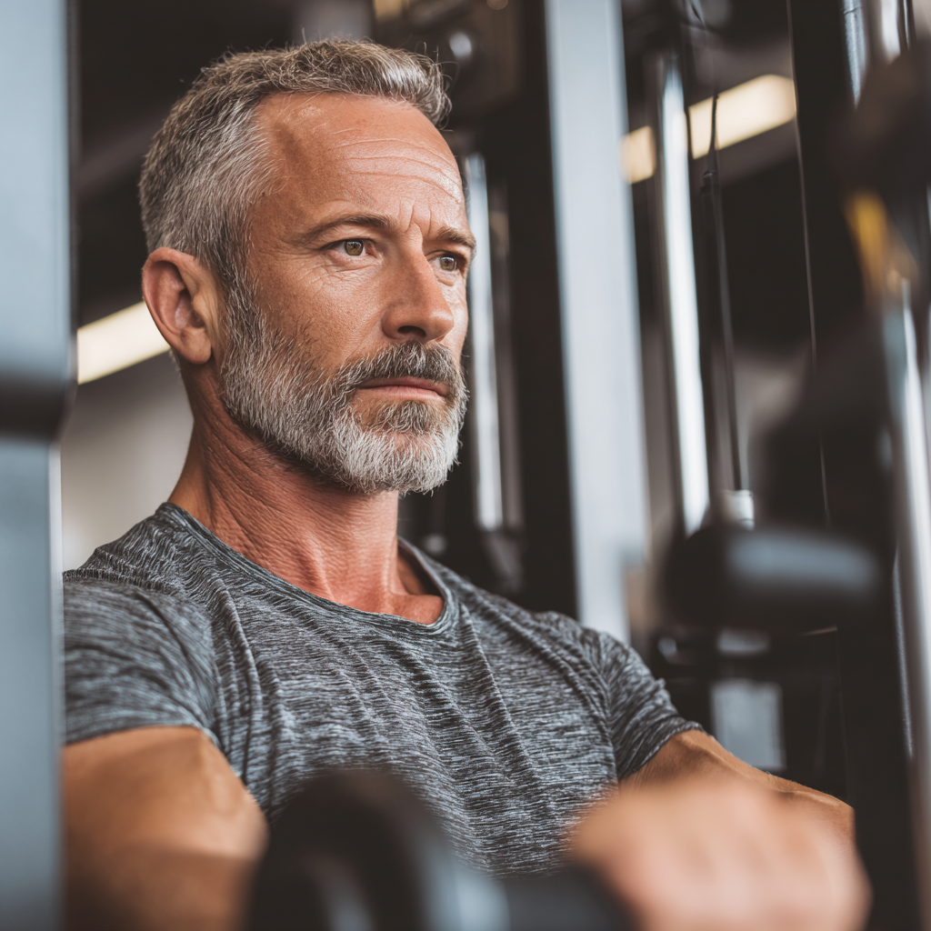Mature adult engaging in structured fitness training with modern equipment