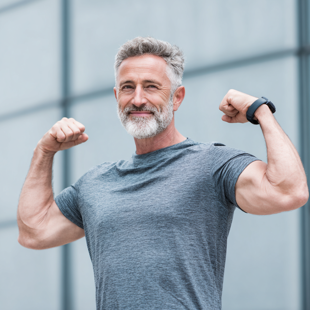 Middle-aged person demonstrating healthy lifestyle and fitness achievements